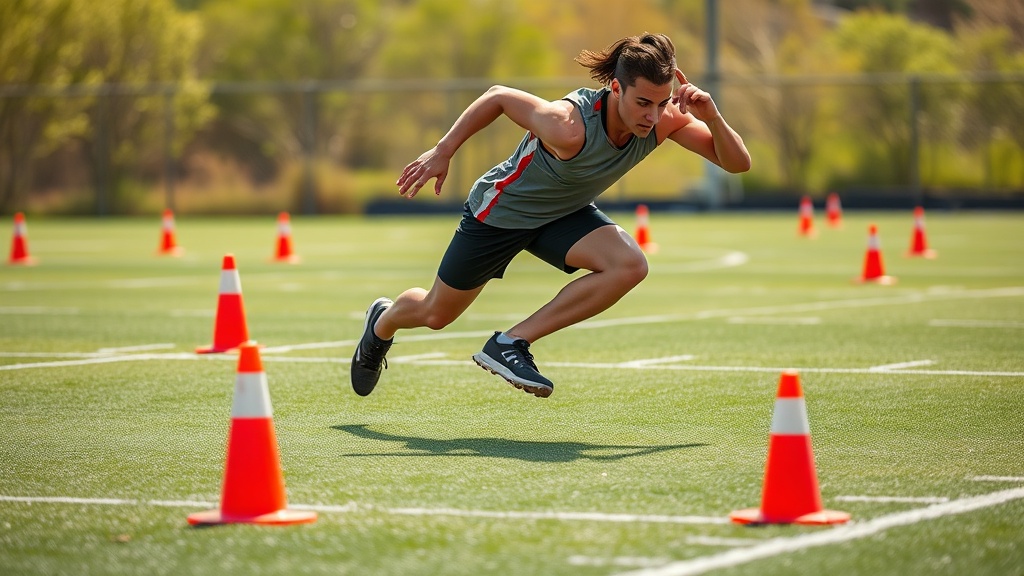 콘(Cone)을 사이에 두고 빠른 사이드 스텝으로 이동하며 수비 풋워크를 연마하는 체계적인 훈련 모습