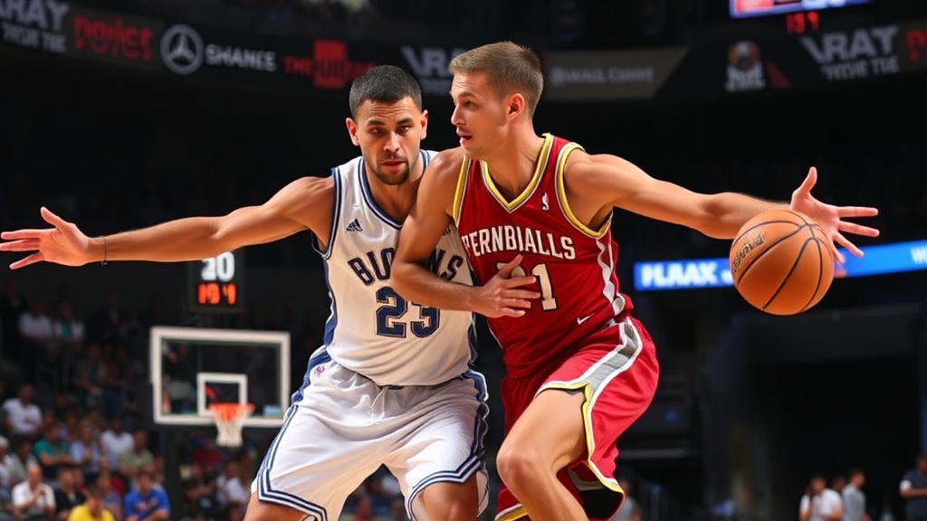 경기 중 수비수가 팔을 벌려 상대의 진로를 차단하고 강력하게 압박하는 긴박한 농구 경기 장면